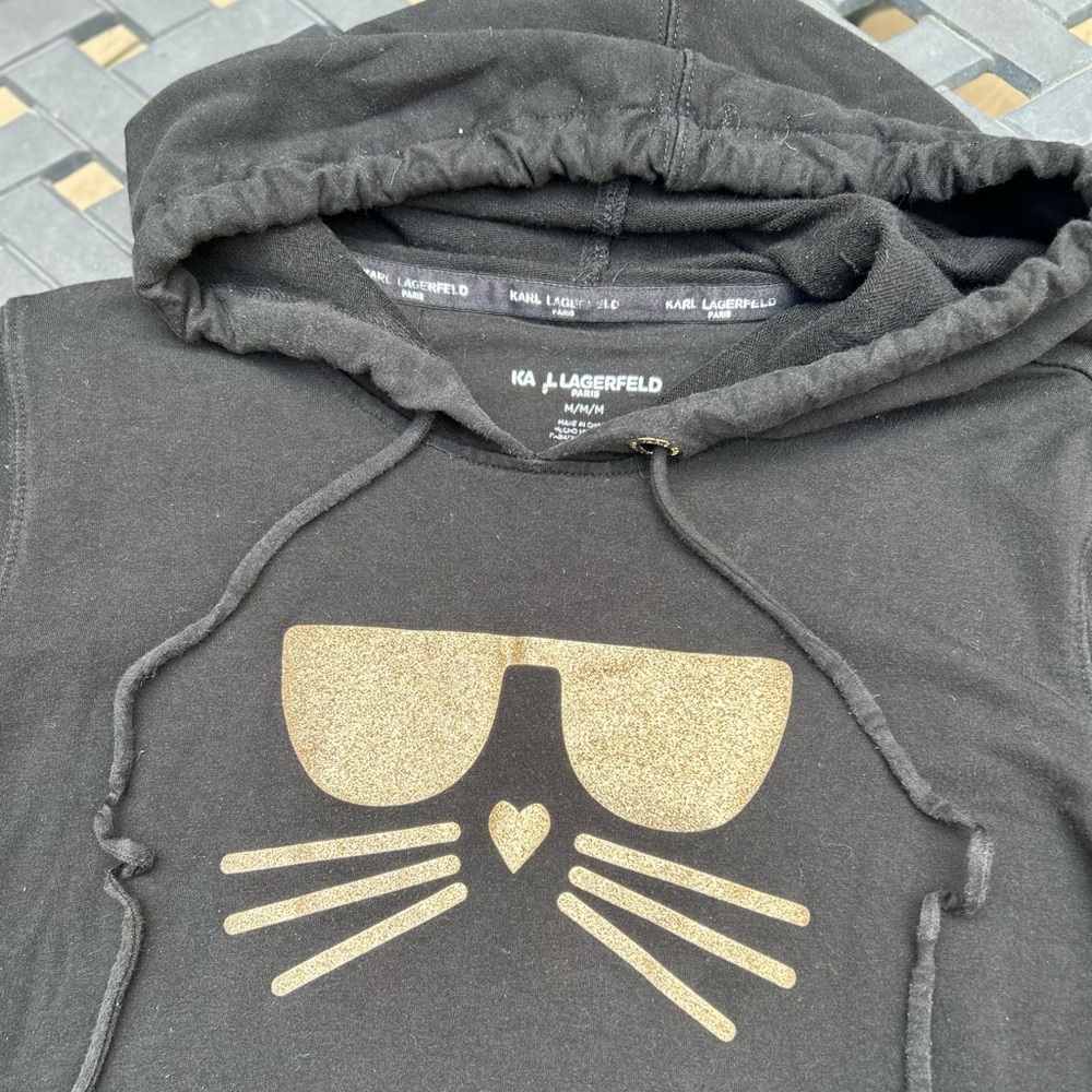 Karl Lagerfeld Paris Choupette Cat Gold Glitter Black Hoodie Sweatshirt Size M - Picture 2 of 16